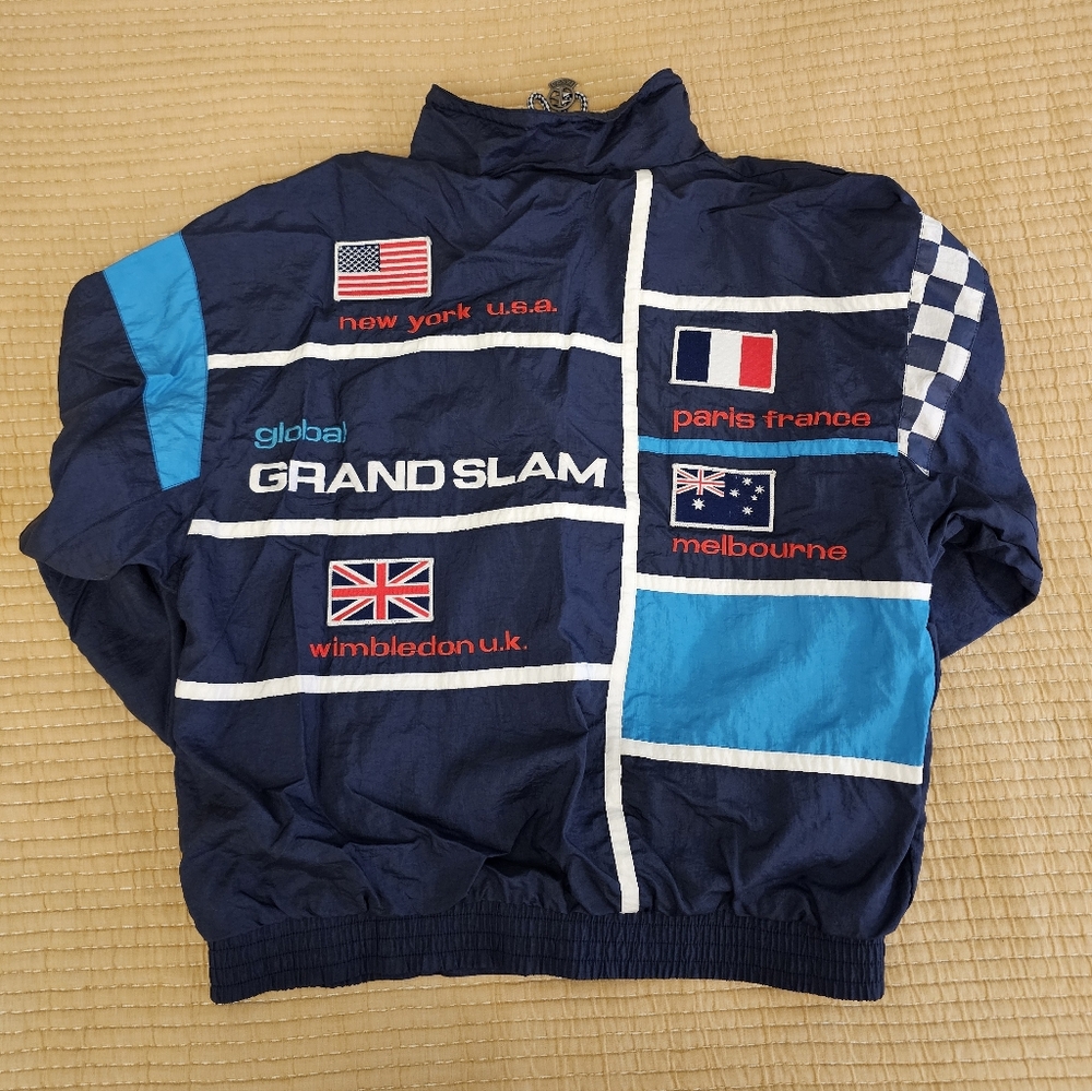 Vintage IXSPA Tennis Grand‎ Slam Windbreaker Track Jacket Large Blue 90s Patches